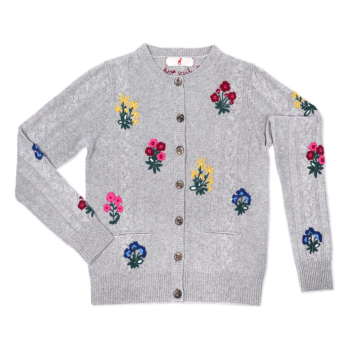 Zaubermasche Strickjacke Zopfstrick mit Blumen grau